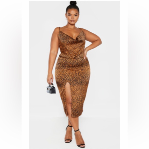 PLT Plus Size Leopard Print Strappy Satin Cowl Midi Dress - Picture 1 of 3